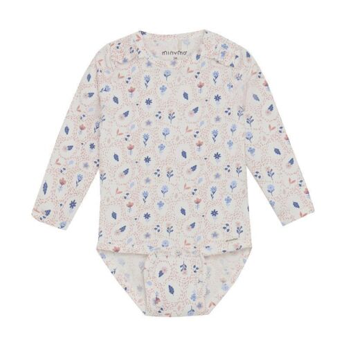 Minymo Langarm-Body Marshmallow White 113802 weiss-rosa mit Blumen, Bio