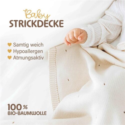 Merle Strick-Babydecke mit Lochmuster 80x100 - Perlweiß
