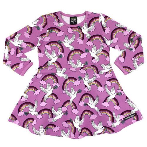 Villervalla Langarm-Kleid Magnolia 152LX - Rosa mit Friedenstauben/Regenbögen