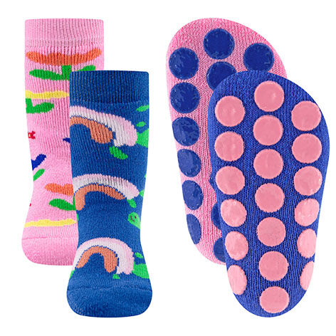 Ewers Anti-Rutsch-Socken 2-Pack Blumen/Regenbogen 225142-0002 Rosa/Blau