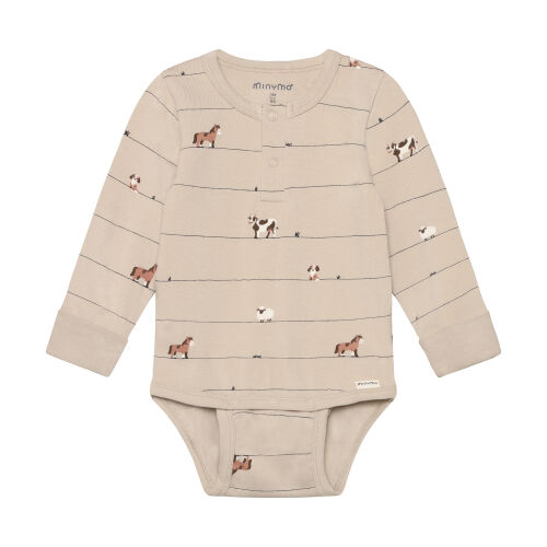 Minymo Langarm-Body mitwachsend 114406-1206 Bauernhoftiere beige